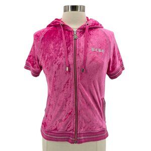 Vintage BCBGMaxazria Womens Large Track Jacket Velour Hooded Pink Rhinestone